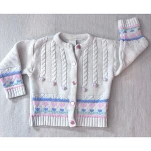 Baby Girl 12 Months Knitted Vintage Baby Sweater Hearts Flowers 80s or 90s